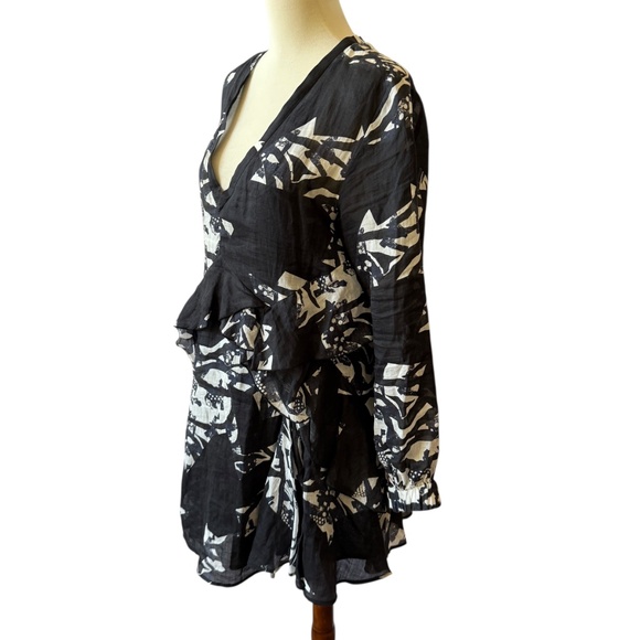 IRO PARIS ANDA PRINTED MINI DRESS RUFFLE WAIST LONG SLEEVE V NECK FEMININE 38-6 - Picture 4 of 11